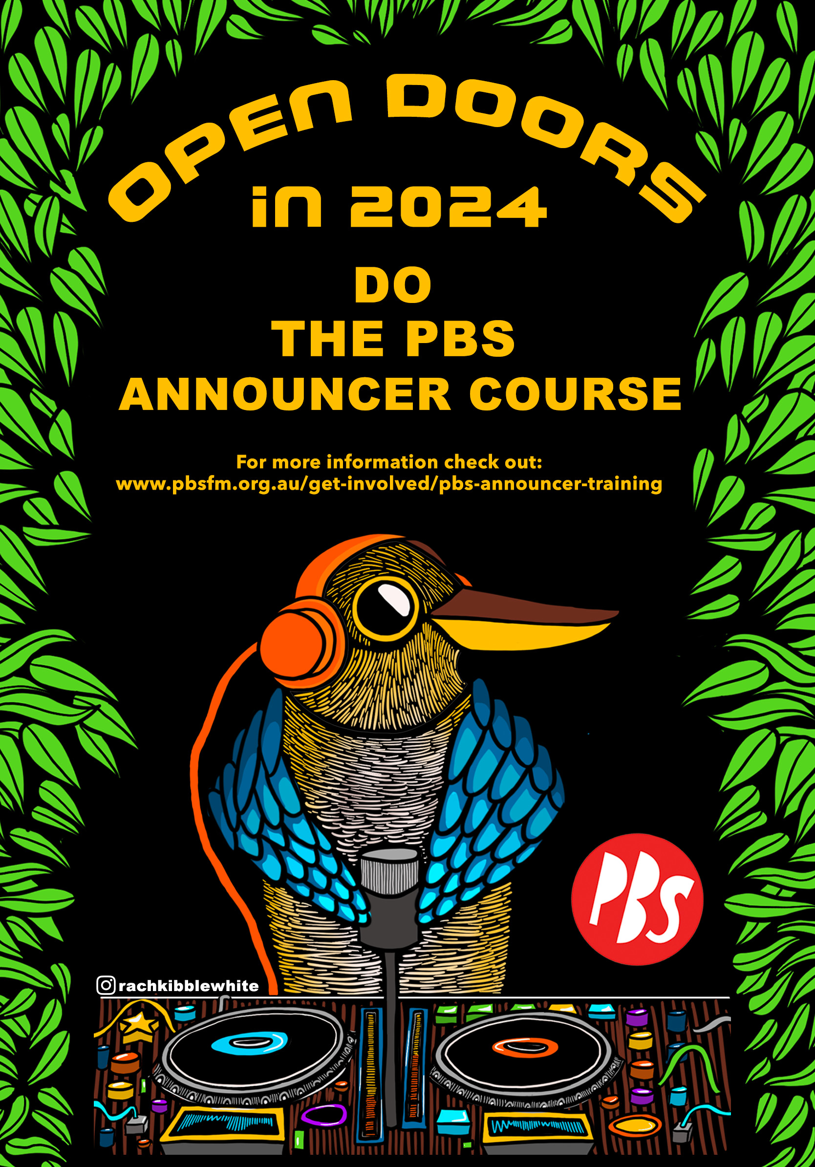 PBS Announcer Course 2024 Poster Illustration of a bird on mic withIllustration of a bird on mic with 2 CDJ's. Vibrant colours: blue, green, orange, brown, gold on a background 2 CDJ's. Vibrant colours on a background