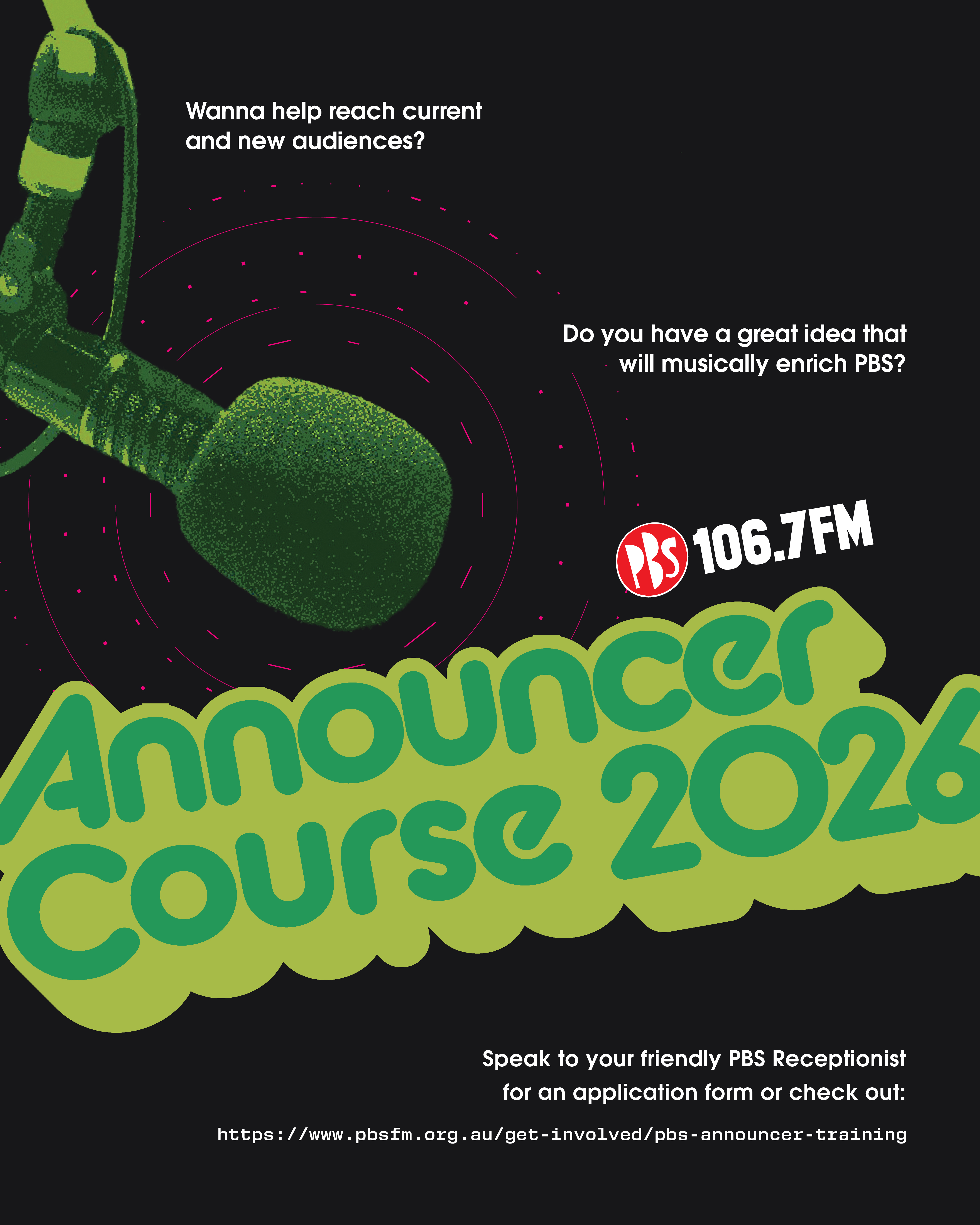 Picture of a microphone PBS Announcer Course 2026 poster by Jeremy Leopando Picture of a microphone PBS Announcer Course 2026 poster by Jeremy Leopando