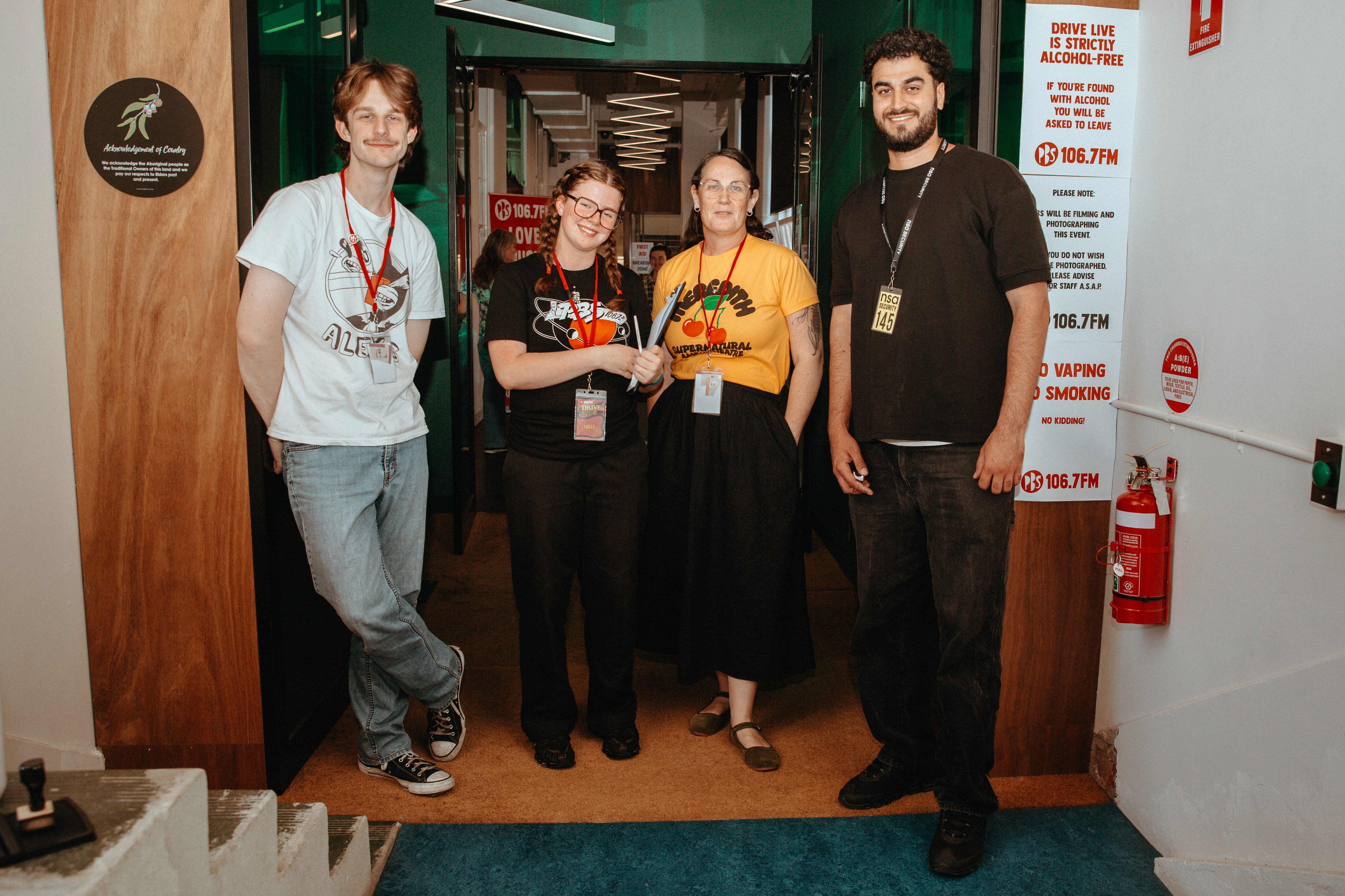 Door volunteers Matt, Nell and Jill with security person Mo by the door Door volunteers Matt, Nell and Jill with security person Mo