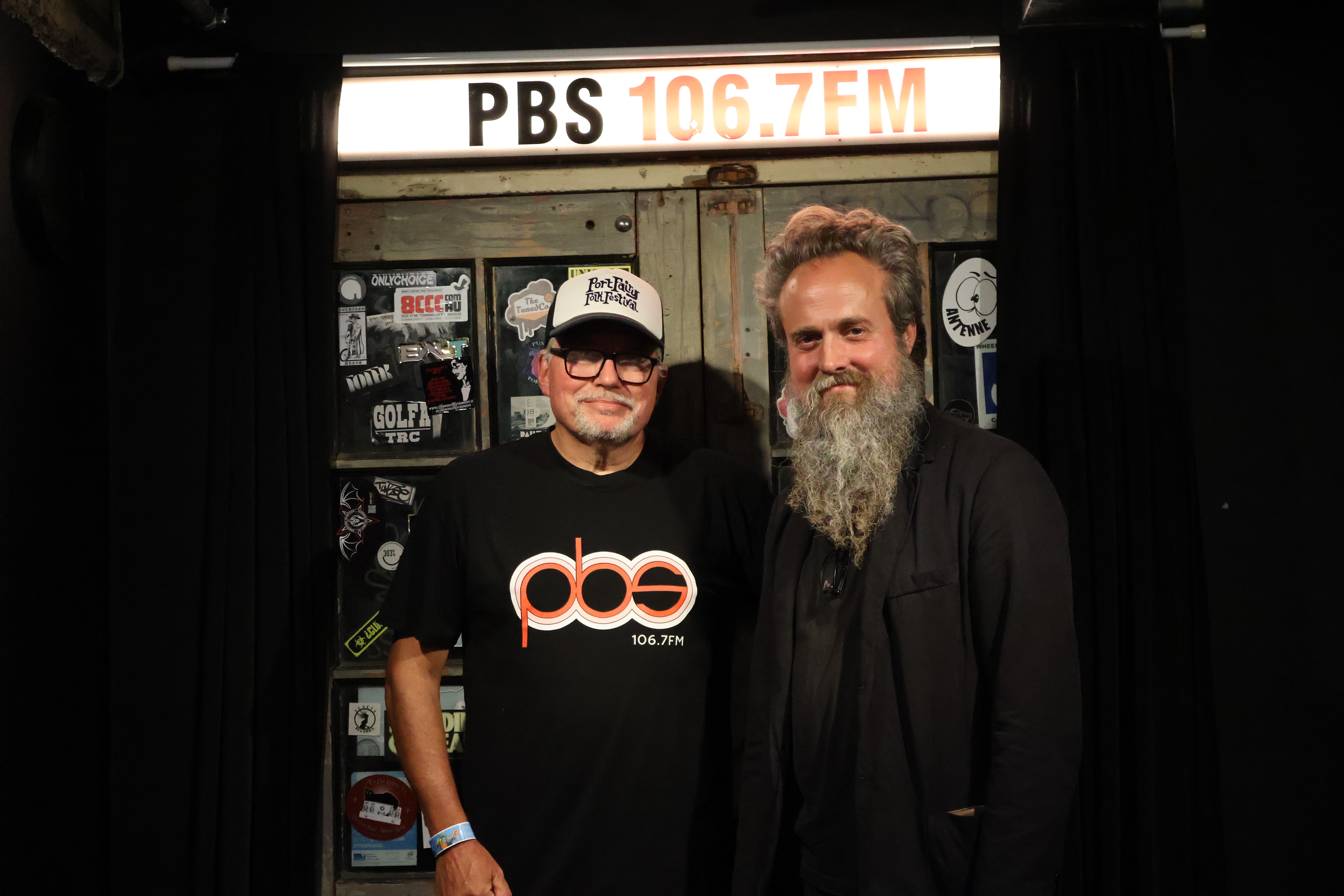 Myles from 5ft High and Rising with Sam Beam of Iron and Wine (standing in front of PBS doors) Photo by Jess Lewis Myles from 5ft High and Rising with Sam Beam of Iron and Wine (standing in front of PBS doors) Photo by Jess Lewis