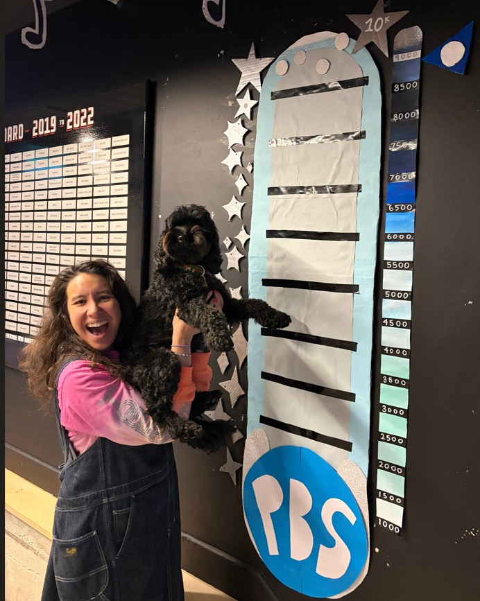 Sweetie and puppy stand next to the fundraising thermometer designed and created by Worm Sweetie and puppy stand next to the fundraising thermometer designed and created by Worm