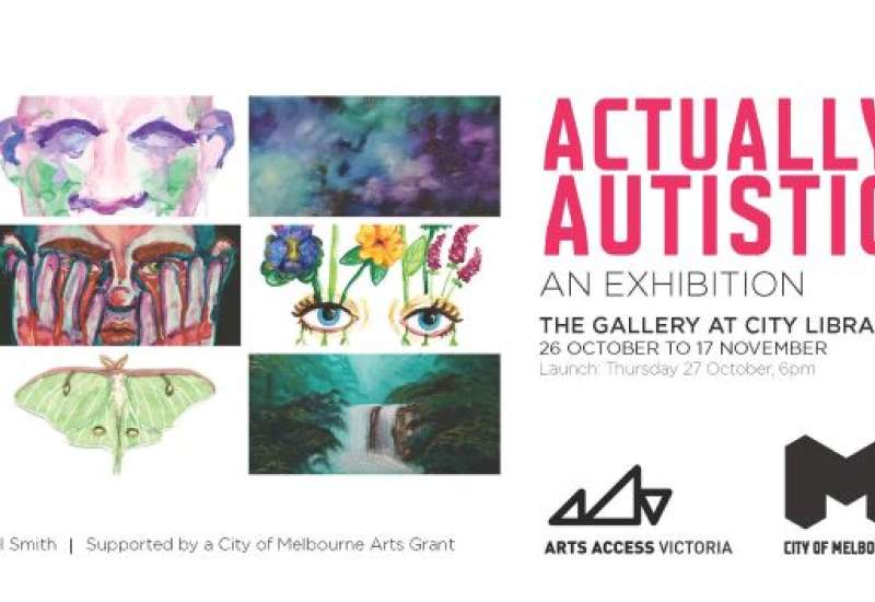 Actually Autistic flyer with event details and colourful artworks of faces.